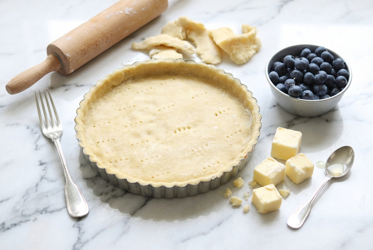 Recette pâte brisée sucrée dorée sur un plan de travail en marbre blanc, lumière naturelle. Texture parfaite grâce au sablage au beurre extra-froid et vinaigre.
