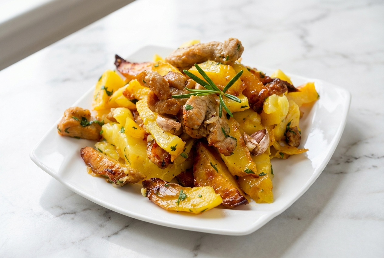 Recette Poêlée paysanne aux pommes de terre dorées et lardons, déglacée au vinaigre de cidre sur marbre blanc.