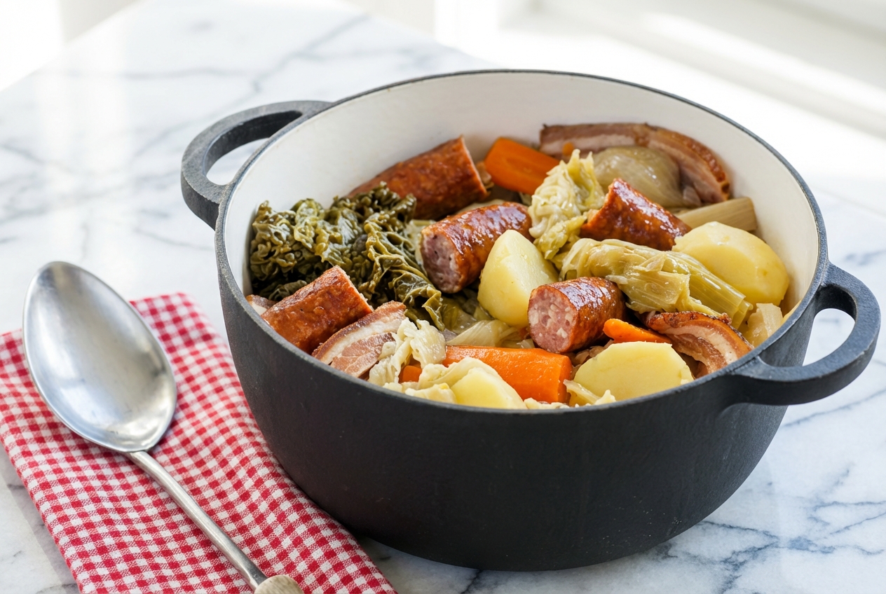 Recette Potée au chou vert dans un bol céramique sur marbre blanc. Saucisses de Montbéliard dorées, lumière naturelle.