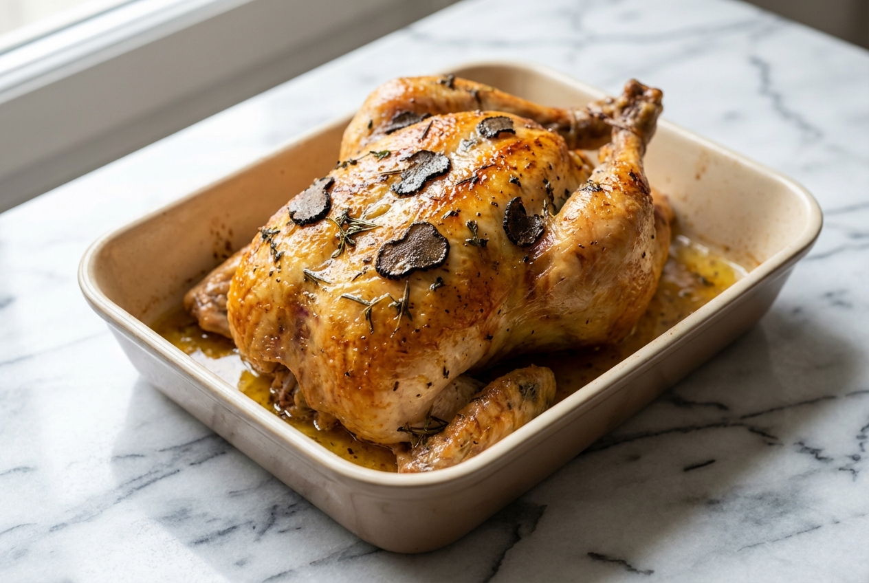 Recette poularde au four dorée à la peau croustillante avec beurre truffé visible par transparence, présentée dans un plat en céramique sur marbre blanc