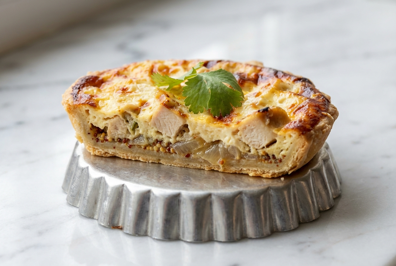 Recette de quiche au poulet dorée sur marbre blanc, révélant une couche de moutarde et d'oignons fondants sous l'appareil crémeux.