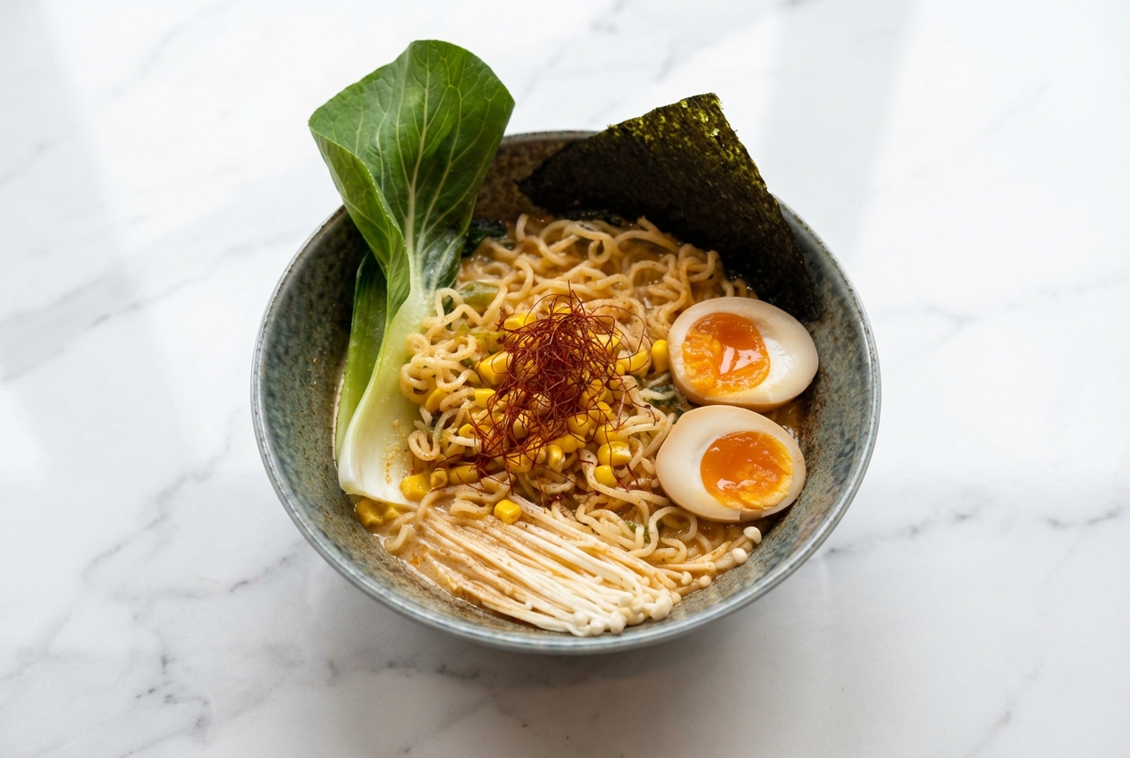 Vue de dessus d'un bol de ramen végétarien en céramique sur marbre blanc avec bouillon onctueux à la poudre de shiitake.