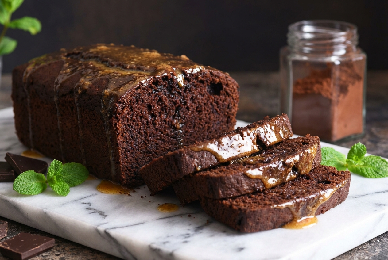 Vue de dessus d'une recette space cake sur marbre blanc, révélant la texture riche et dorée du beurre noisette infusé.