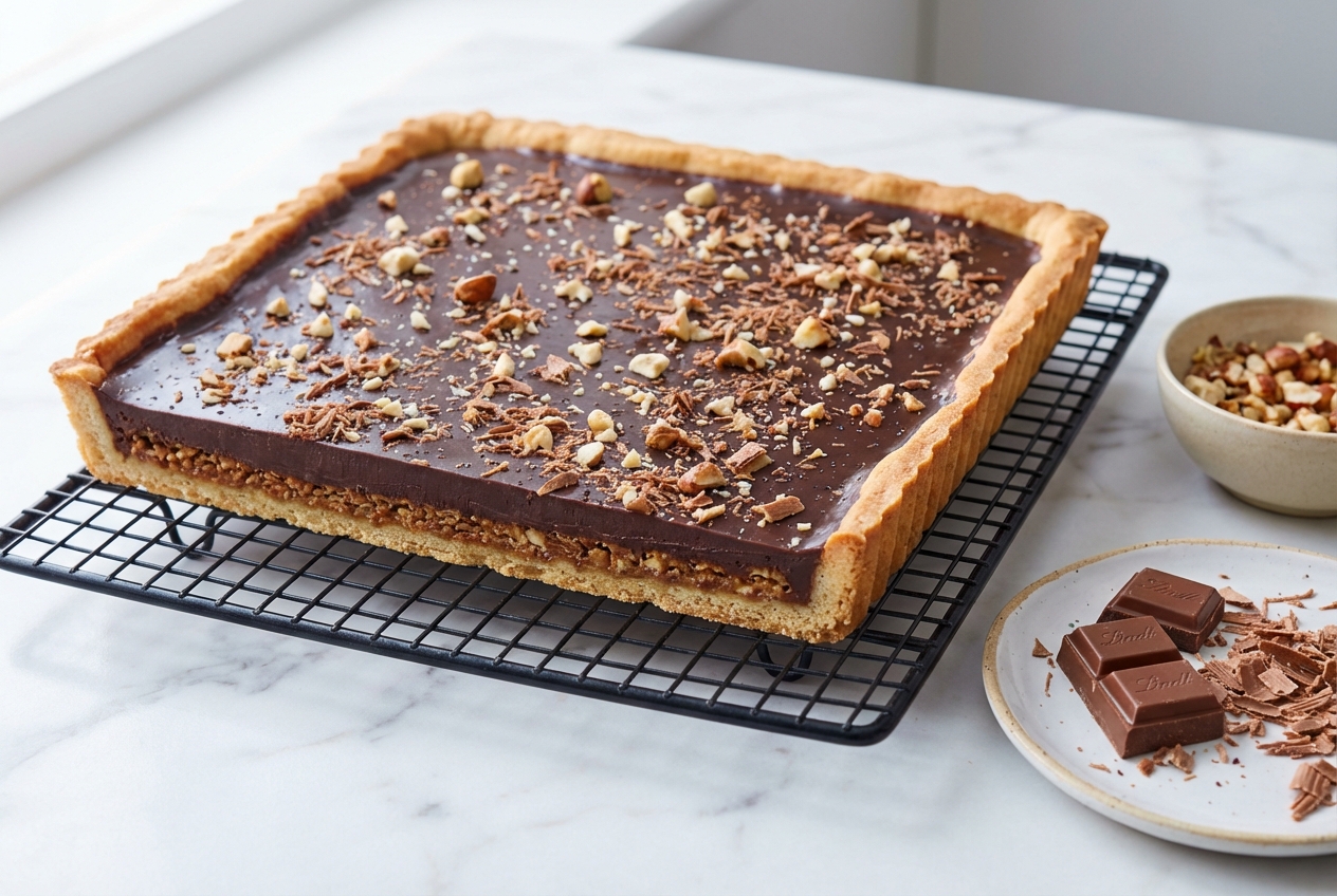 Vue de dessus d'une recette tarte au chocolat avec sa ganache brillante et sa couche de praliné croustillant sur marbre blanc.