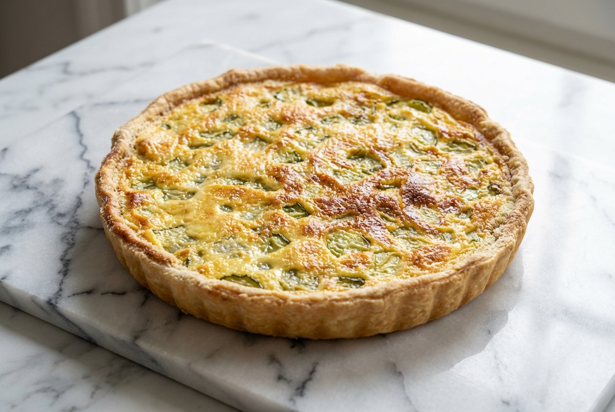 Vue plongeante de la recette tarte au concombre sur marbre blanc, révélant la garniture dorée et le fond d'amandes.