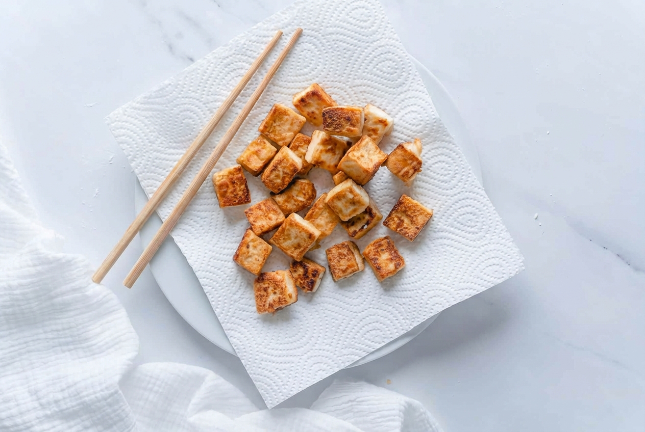 Dés de tofu croustillant à la croûte alvéolée par la double congélation, servis dans un bol en céramique minimaliste sur marbre blanc.