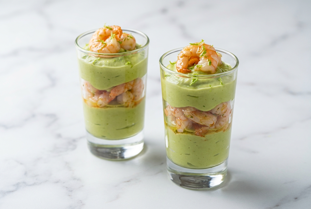 Recette Verrine avocat crevettes, marinade au citron vert et zestes sur marbre blanc, lumière naturelle douce.
