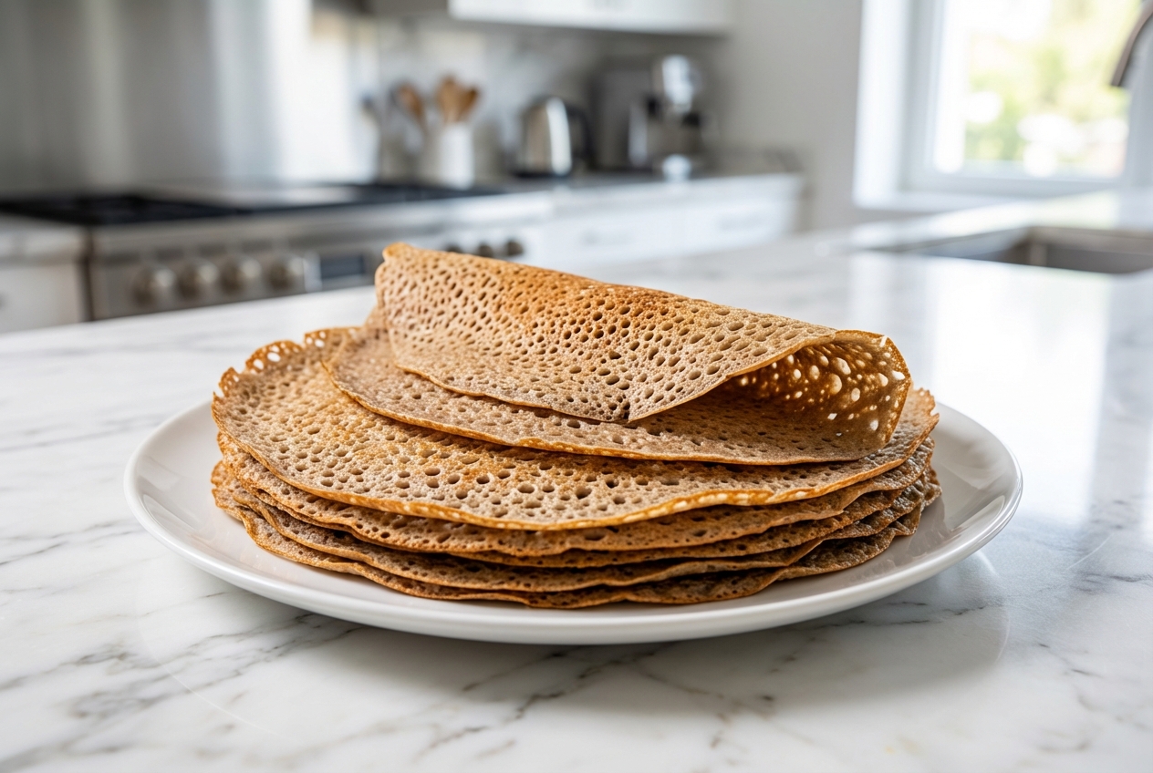 Galette au sarrasin dentelée sur marbre blanc, texture aérée par l'eau gazeuse glacée sous une lumière naturelle douce.