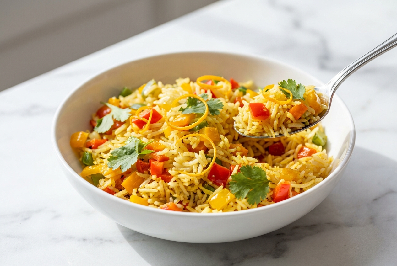 Riz pilaf aux poivrons dans un bol en céramique, grains dorés infusés au safran et zestes d'orange sur marbre blanc.