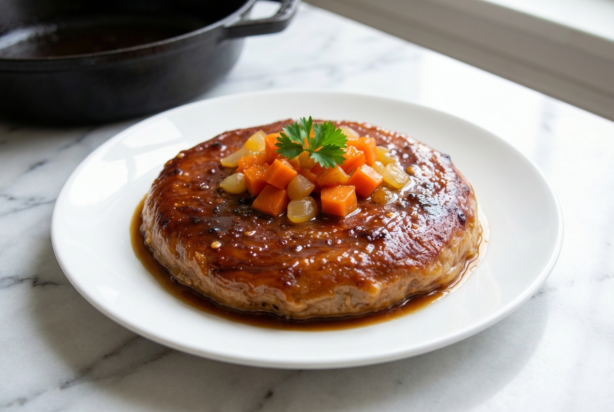Rouelle de porc confite laquée au vinaigre balsamique, texture brillante sur céramique blanche, lumière naturelle latérale.