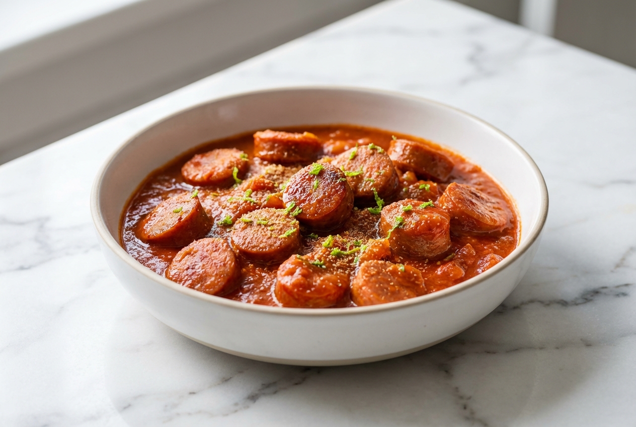 Rougail saucisse fumant dans un bol en céramique minimaliste sur marbre blanc, parsemé de zestes de combava frais.