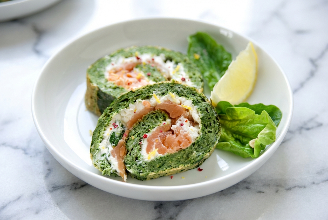 Roulé au saumon et aux épinards sur marbre blanc, crème aux baies roses et zestes de citron, lumière naturelle.