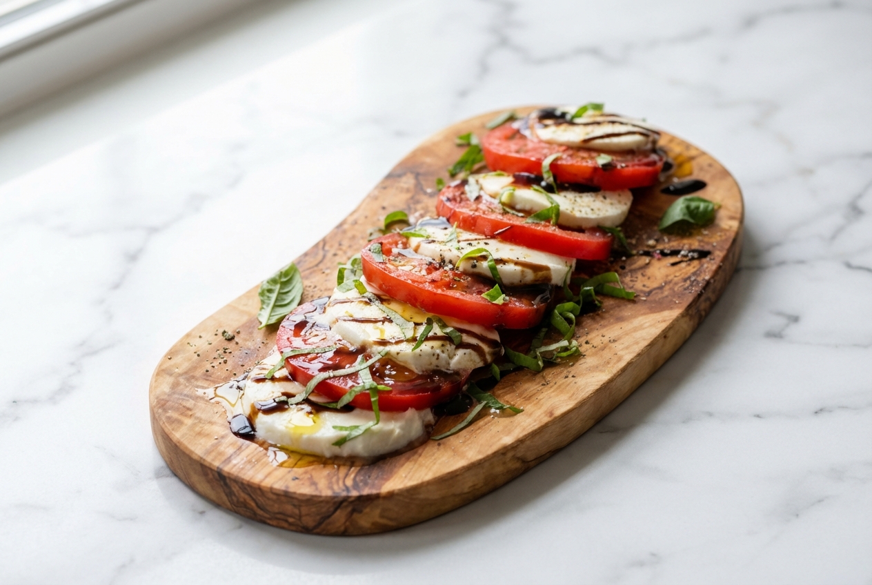 Vue de dessus d'une salade caprese sur marbre blanc avec Mozzarella di Bufala Campana et tomates infusées à l'ail.