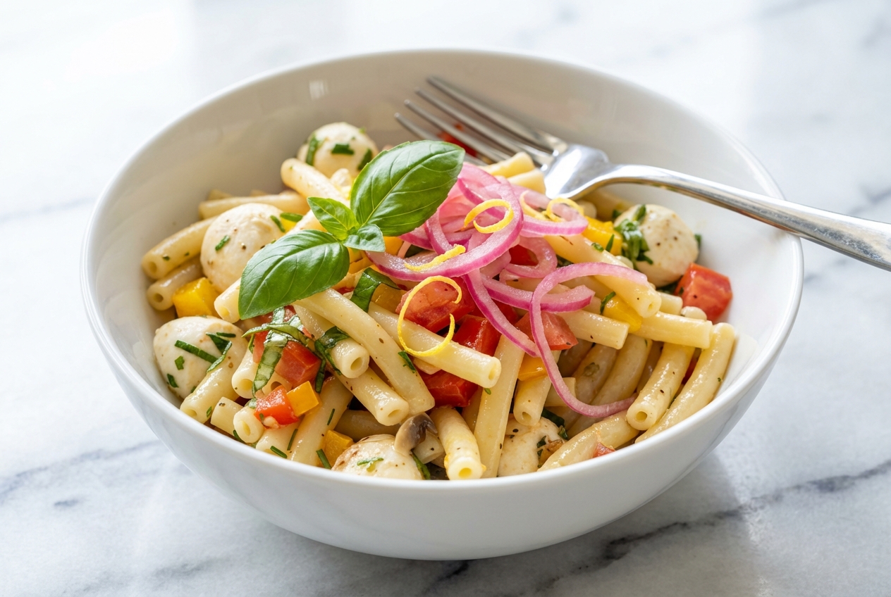Salade de macaroni crémeuse sur marbre blanc, garnie d'oignons rouges marinés au vinaigre et zestes de citron.