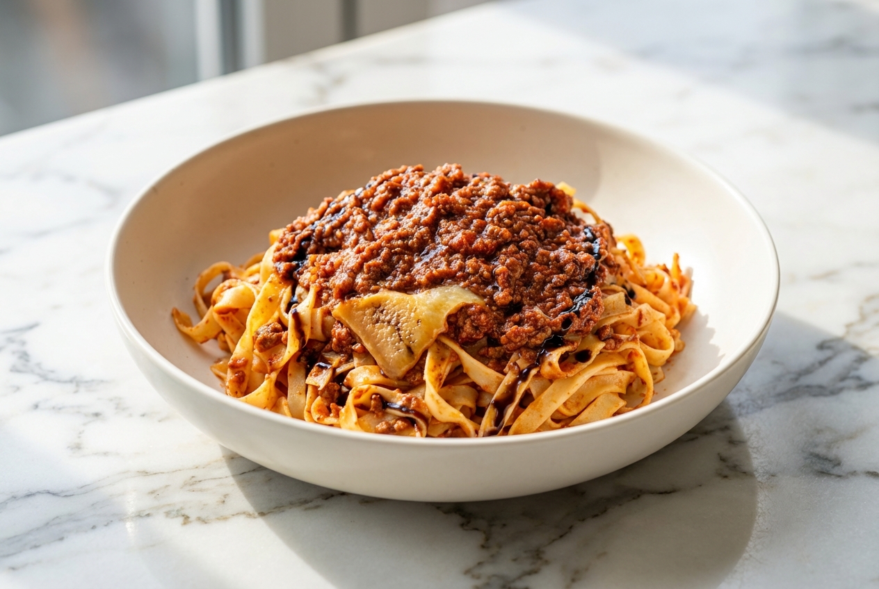 Sauce bolognaise onctueuse mijotée avec une croûte de parmesan, servie dans un bol en céramique blanc sur un plan de travail en marbre.