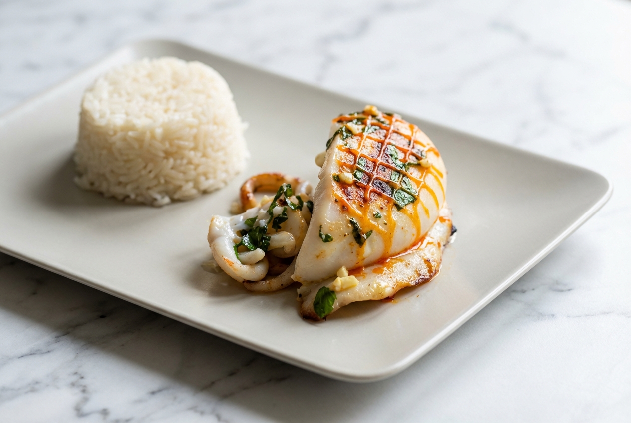Seiches à la plancha grillées arborant un quadrillage précis au beurre de piment d'Espelette sur une assiette en céramique minimaliste.