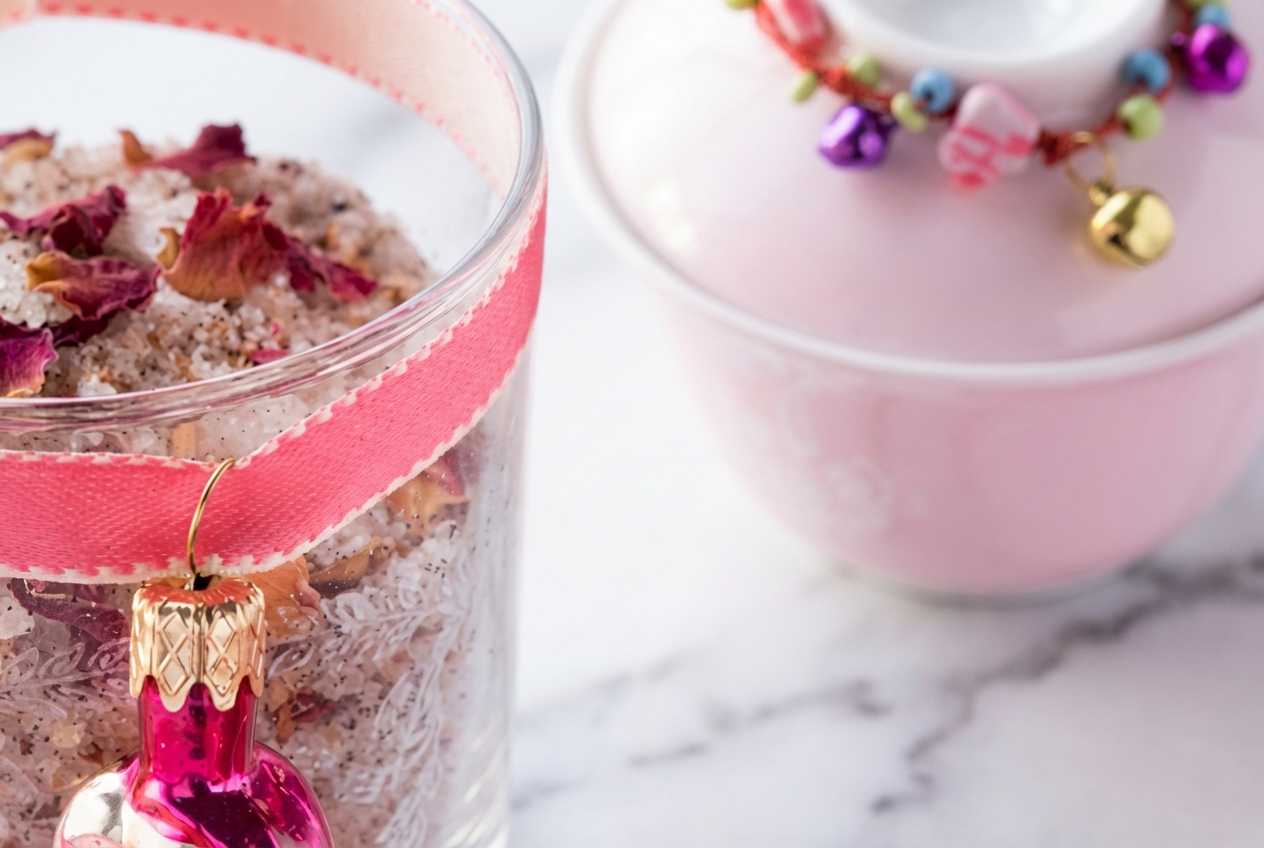 Sel à la rose et cannelle avec poudre de vanille Bourbon dans un bol en céramique blanc sur marbre.