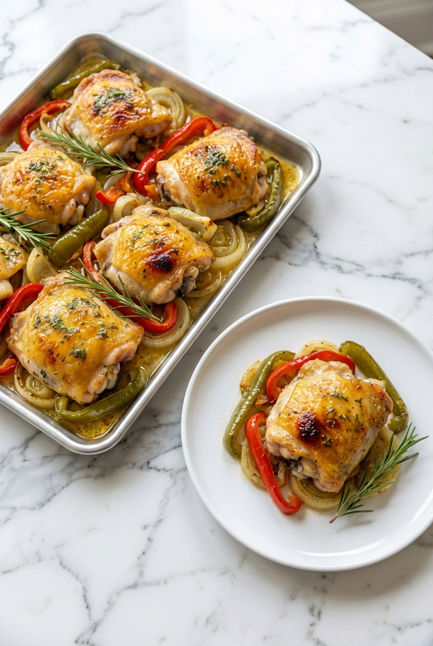 Cuisses De Poulet Et Légumes Rôtis Au Four Dorés Et Juteux