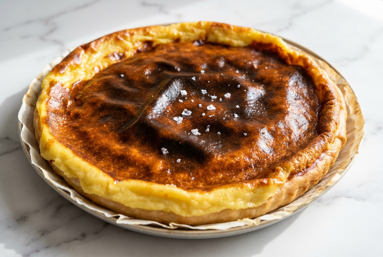 Tarte au flan de ma grand-mère facile, dorée et onctueuse, avec infusion longue à la vanille et pointe de sel.