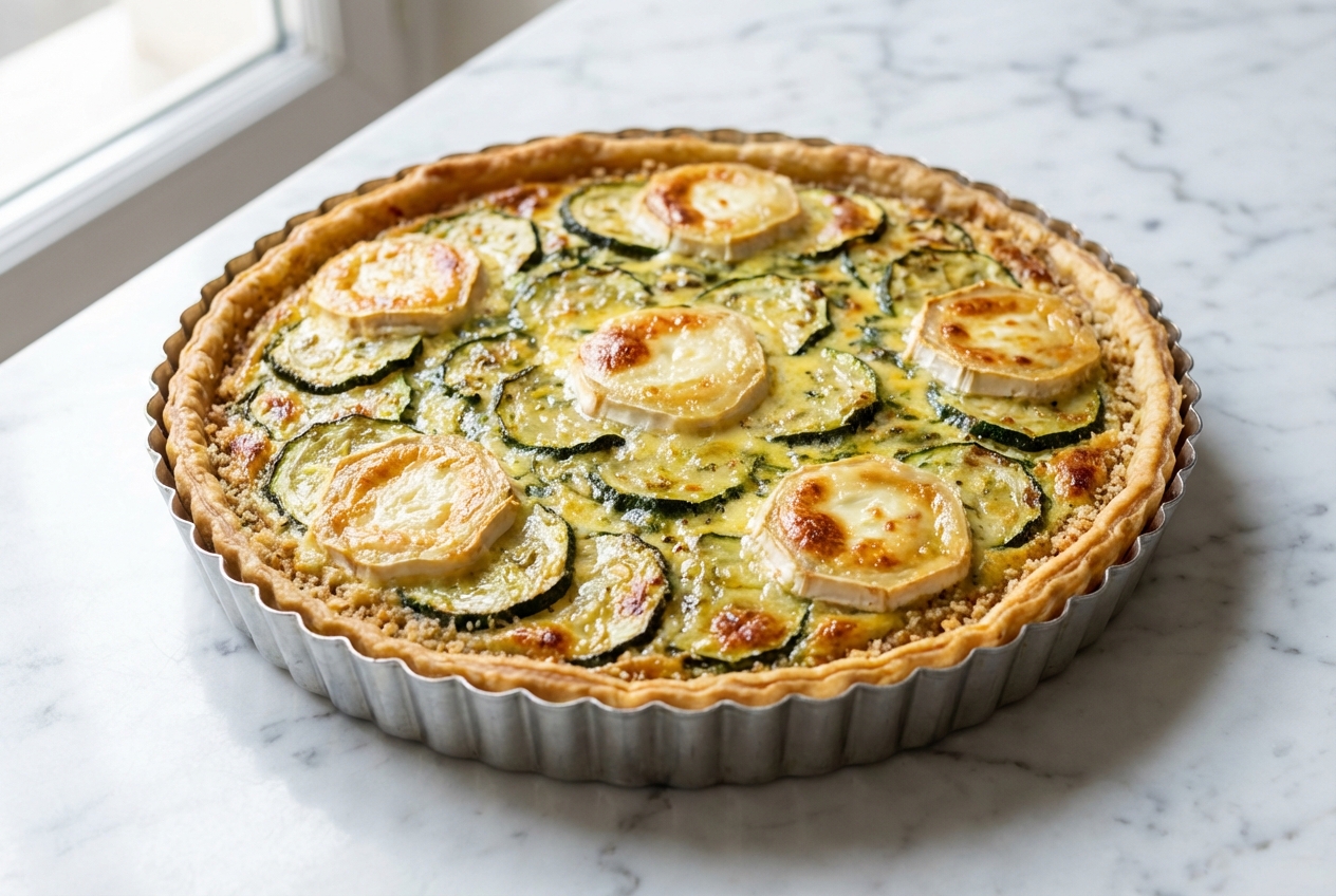 Tarte à la courgette et au chèvre à la chapelure de noisettes croustillante sur une surface en marbre blanc.