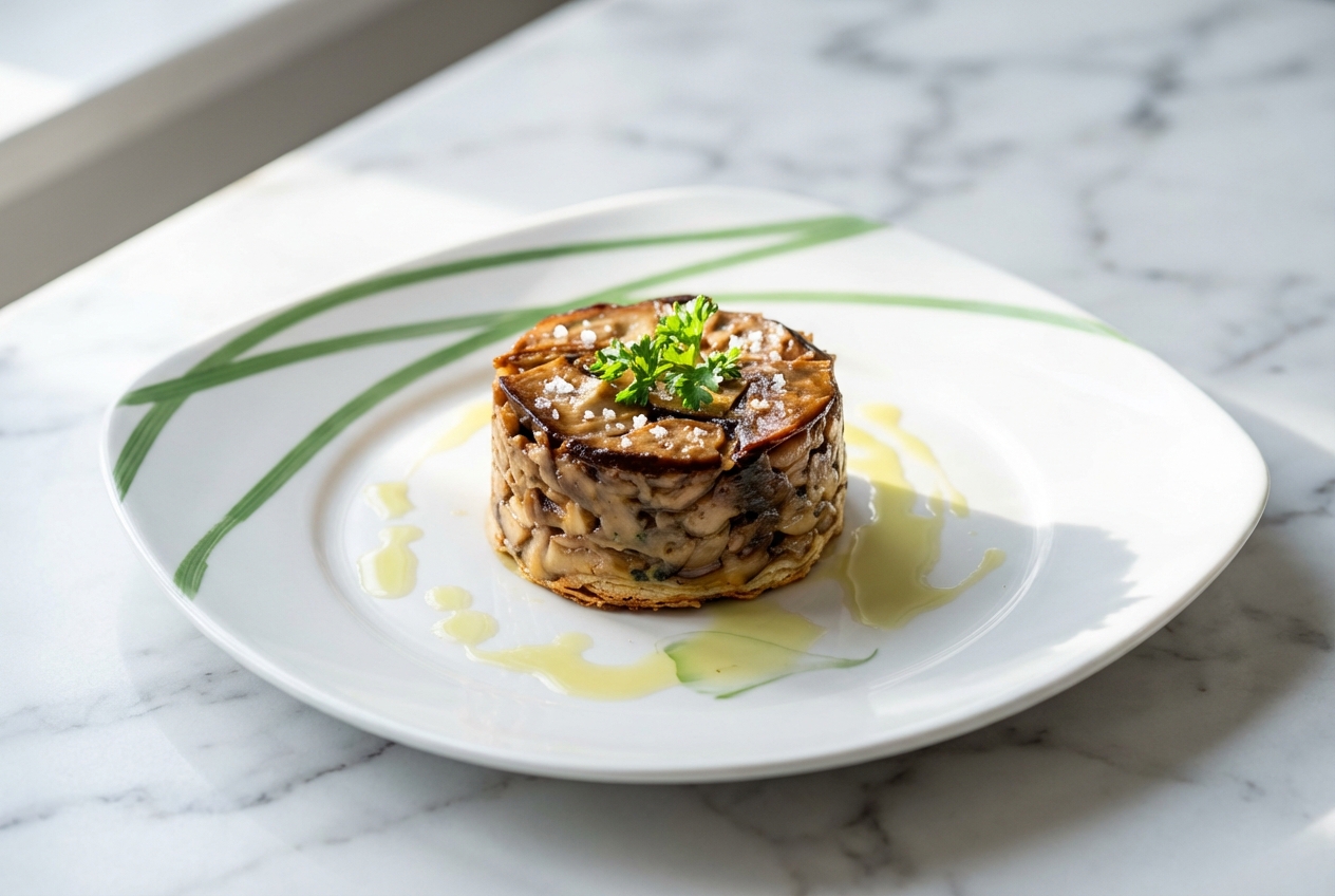 Tarte Tatin aux cèpes caramélisés au vinaigre de Xérès et sel fumé sur un plan de travail en marbre blanc.