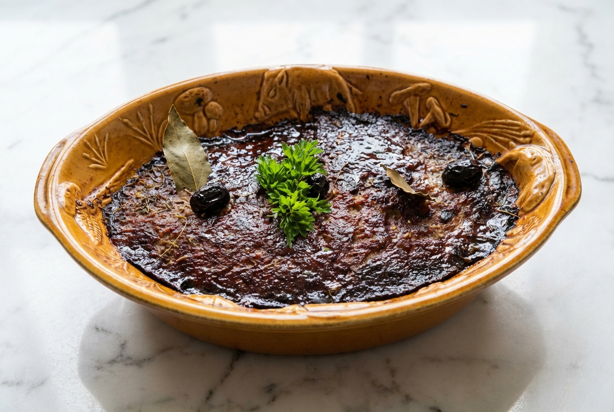 Terrine de canard au porto dans un plat en céramique, révélant des morceaux de foie de volaille et une réduction sirupeuse.