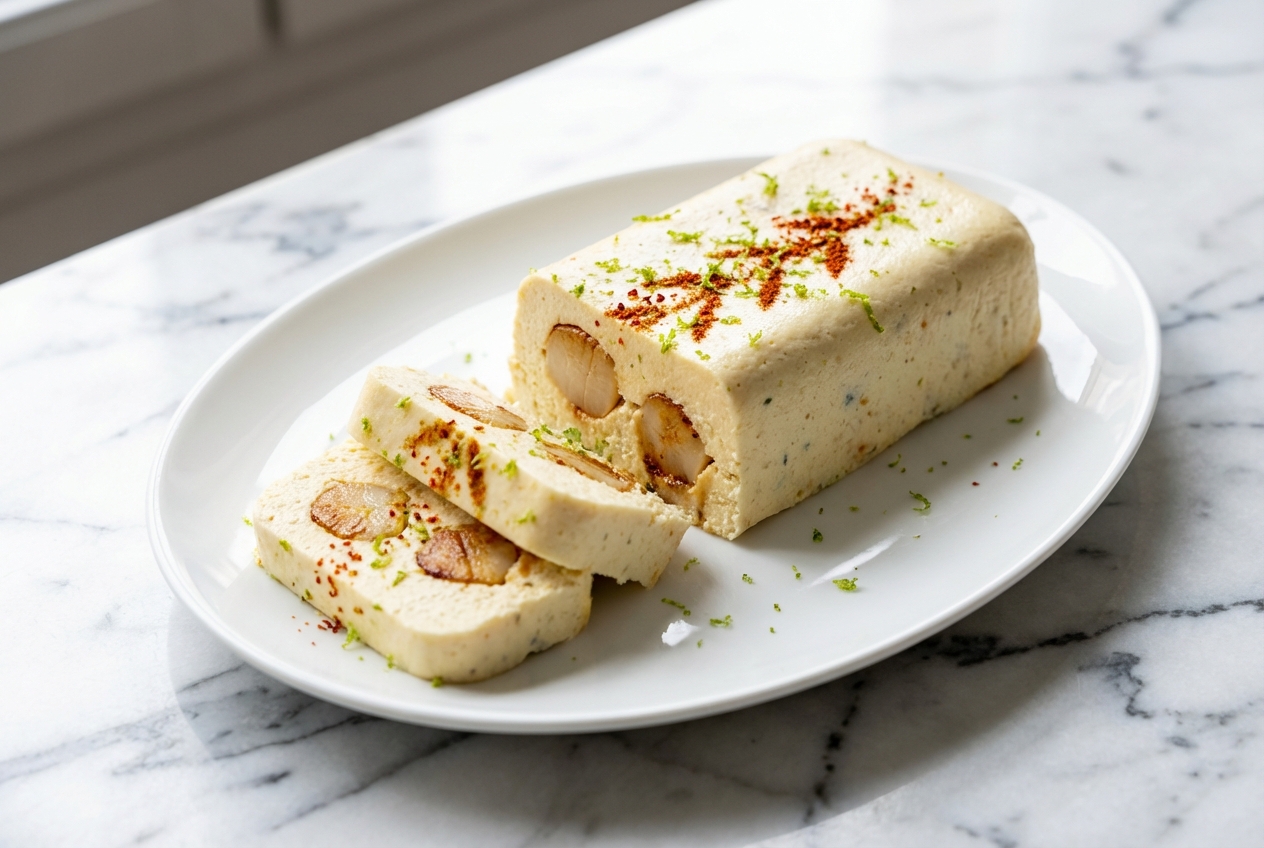 Tranches de Terrine de Saint Jacques présentées sur une vaisselle en céramique minimaliste posée sur une surface en marbre blanc. Éclairée par la lumière naturelle de la fenêtre, la préparation révèle des noix saisies à l'échalote, parsemées de piment d'Espelette et de zeste de citron vert.