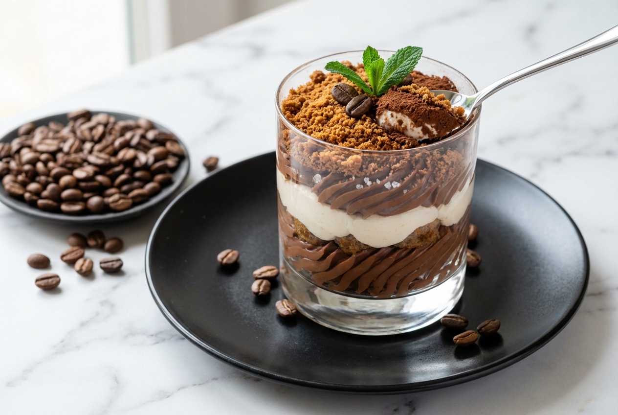 Tiramisu au nutella speculoos poché dans une verrine en céramique minimaliste, ganache souple à la fleur de sel, sur marbre blanc en lumière naturelle.
