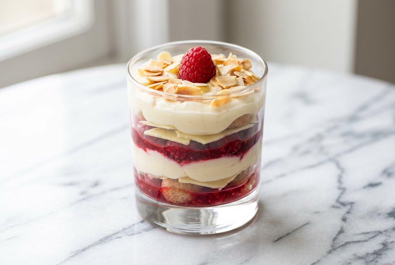 Tiramisu aux framboises avec infusion au sirop de sureau et barrière de chocolat blanc sur marbre blanc en lumière naturelle.