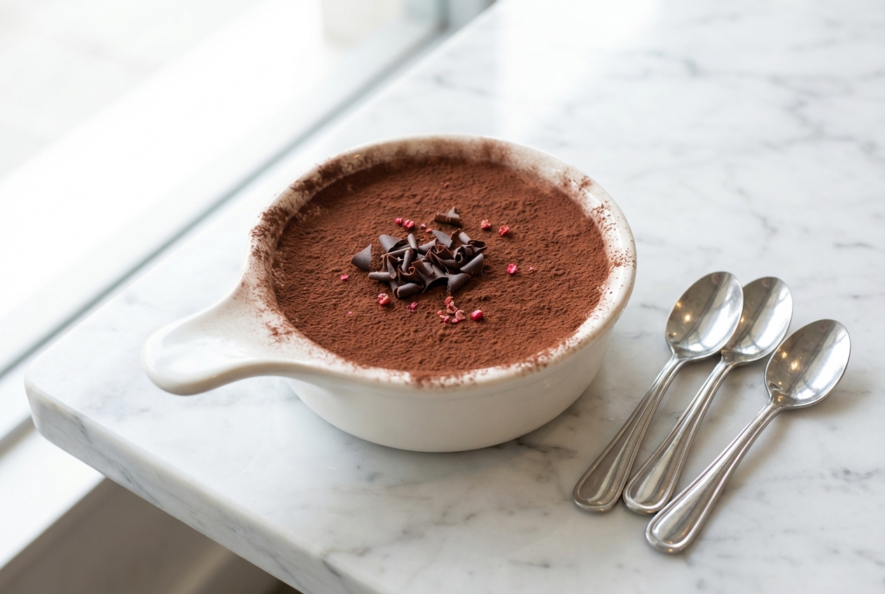 Tiramisu poire chocolat, ganache infusée au poivre de Sichuan, présenté sur un marbre blanc sous une lumière naturelle.