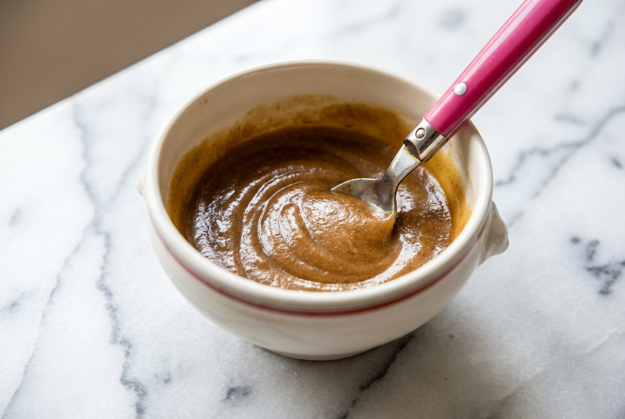 Vinaigrette au miel onctueuse émulsionnée au miel de sarrasin et eau tiède dans un bol en céramique sur marbre blanc.