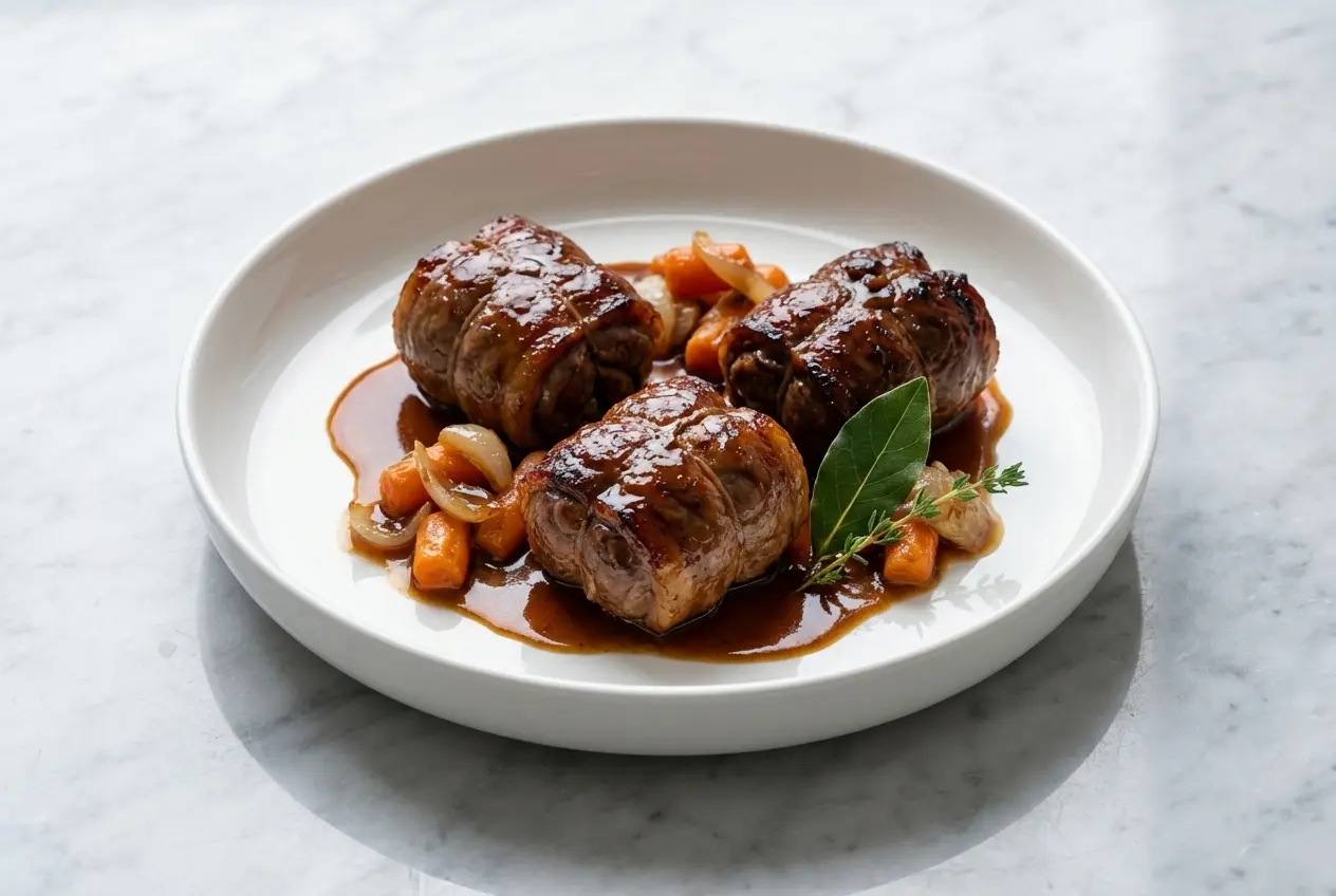 Alouettes sans tête mijotées en cocotte, sauce onctueuse au pastis et fond de veau, sur une assiette en céramique minimaliste.