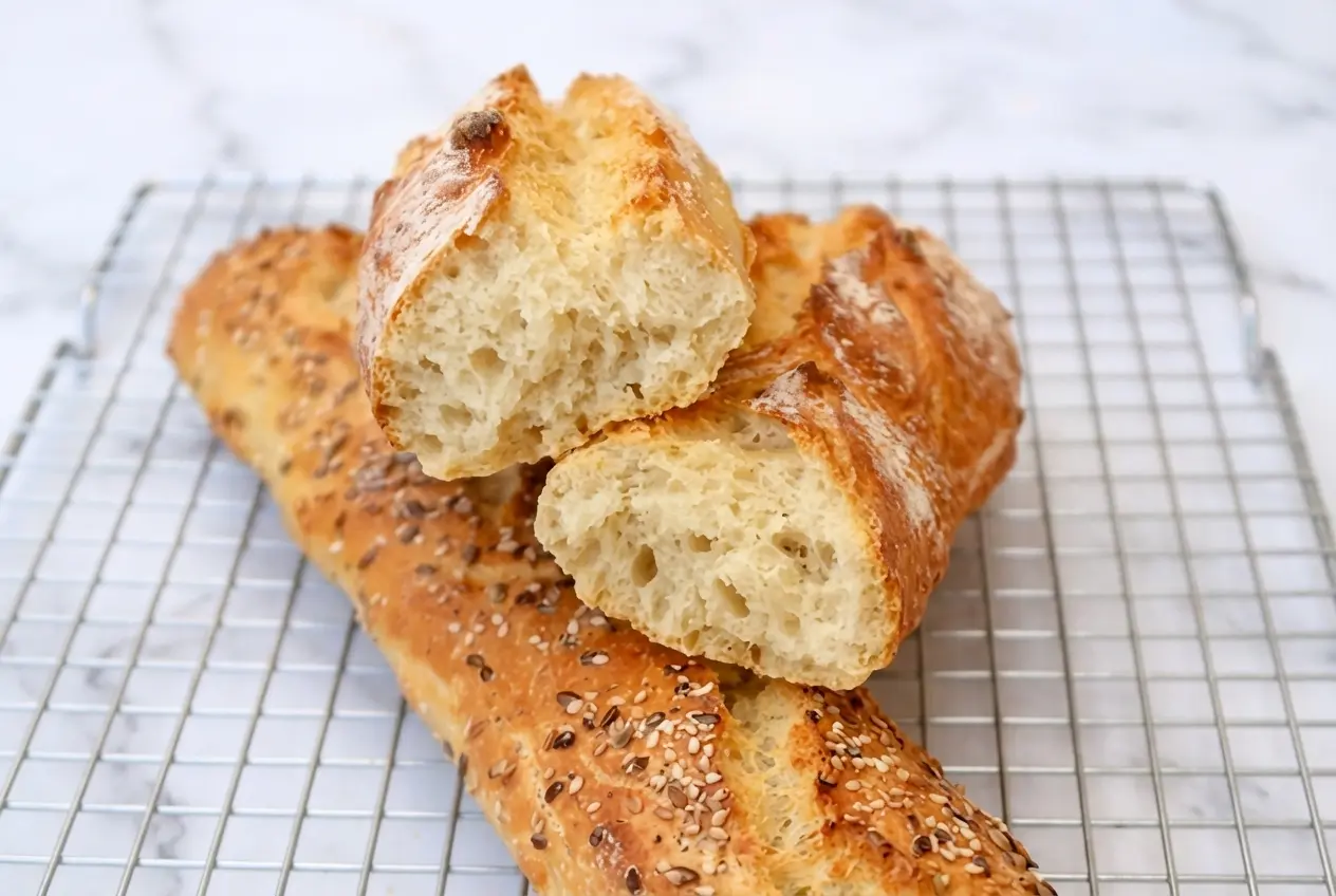 Baguettes sans pétrissage dorées avec une croûte croustillante, posées sur une surface en marbre blanc sous une douce lumière naturelle, révélant la touche rustique de la farine de seigle T130.