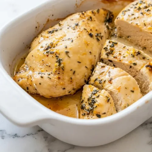Blanc de poulet au four doré sur céramique minimaliste avec un glaçage brillant au beurre noisette et citron sur marbre.