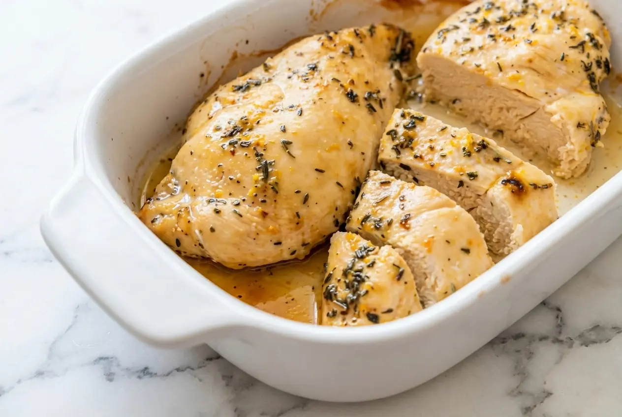 Blanc de poulet au four doré sur céramique minimaliste avec un glaçage brillant au beurre noisette et citron sur marbre.
