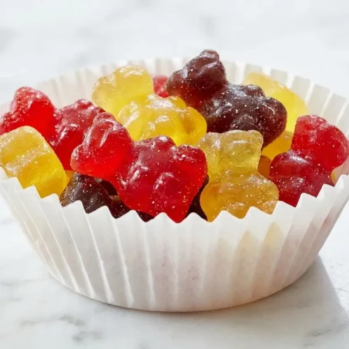 Bonbons en gélatine translucides au sirop de glucose, flat lay sur marbre blanc avec éclairage naturel et ombres douces.