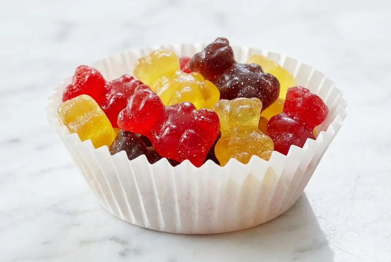 Bonbons en gélatine translucides au sirop de glucose, flat lay sur marbre blanc avec éclairage naturel et ombres douces.