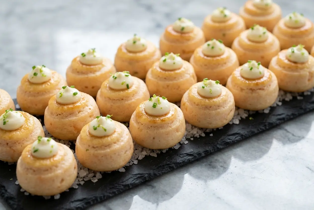 Bouchées aux crevettes dorées au Cognac flambé sur assiette en céramique minimaliste et marbre blanc, lumière naturelle douce.
