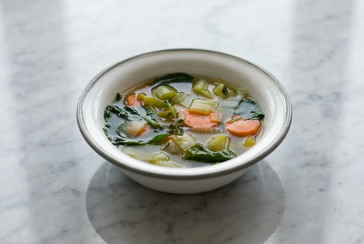 Bouillon détox pour maigrir servi dans un bol en céramique blanc minimaliste sur du marbre, infusé aux queues de persil.