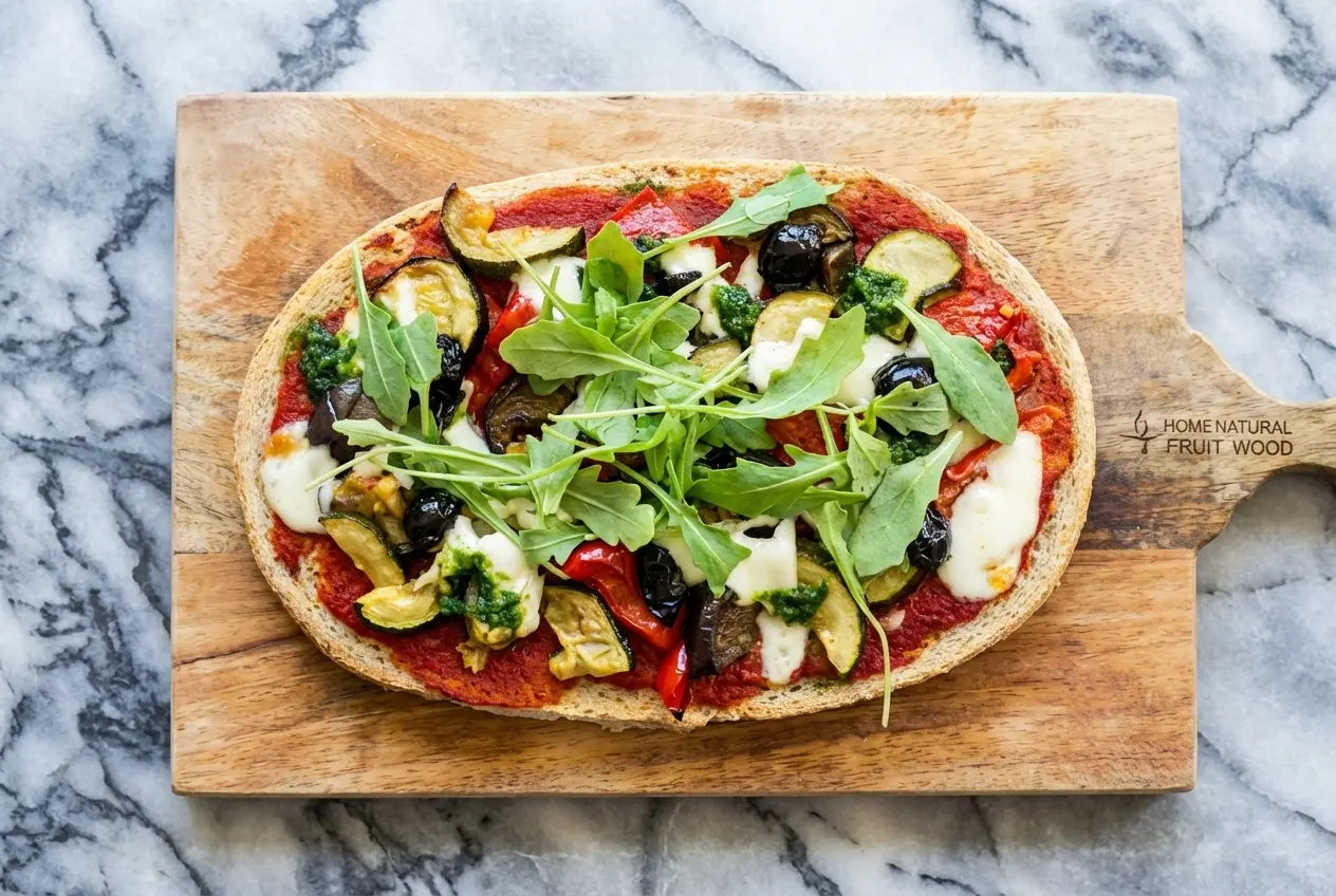 Bruschetta aux légumes sur marbre blanc, base ricotta fouettée au citron et légumes grillés, lumière naturelle.
