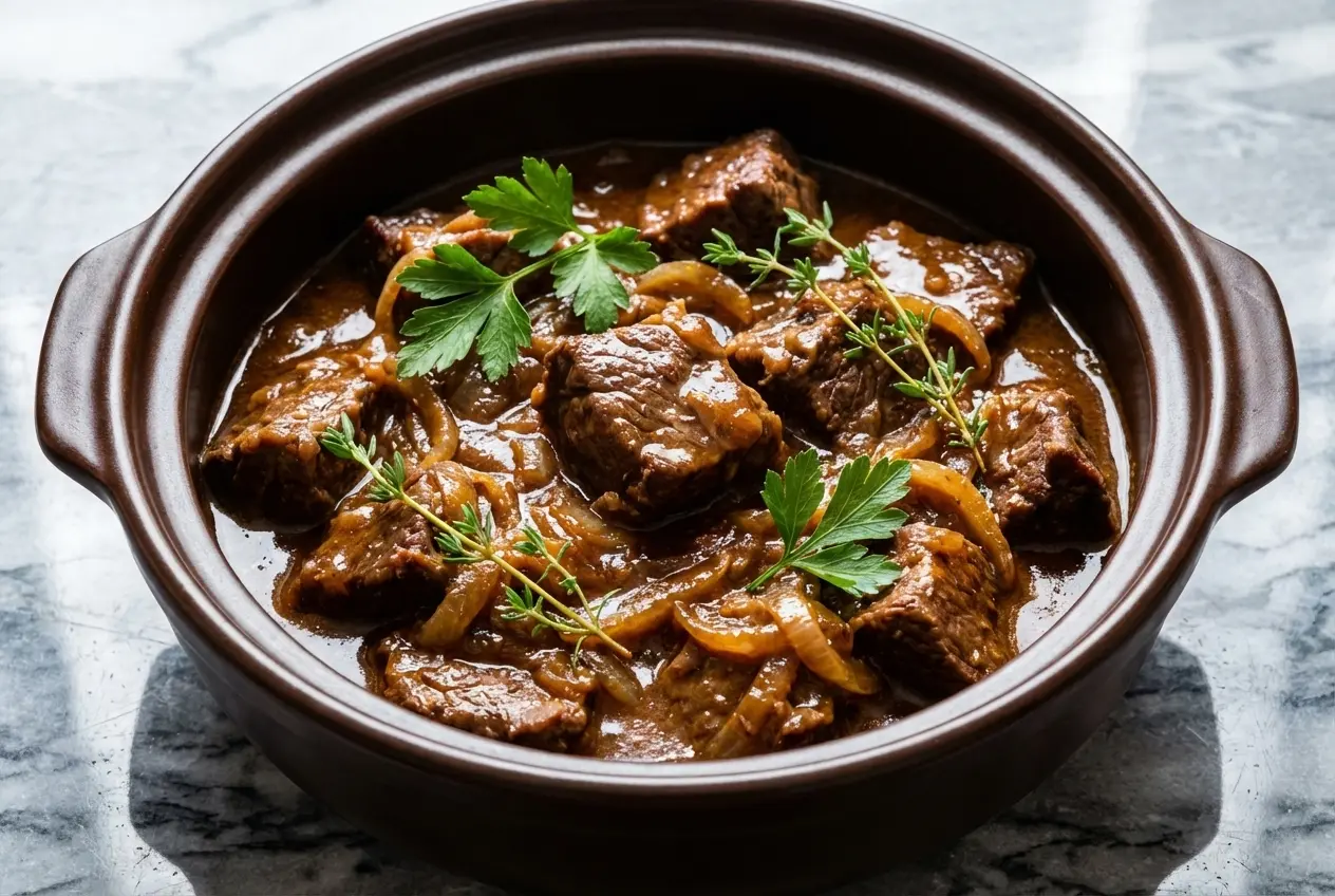 Carbonnade flamande à la joue de bœuf fondante et trait de vinaigre balsamique dans un bol en céramique blanc.