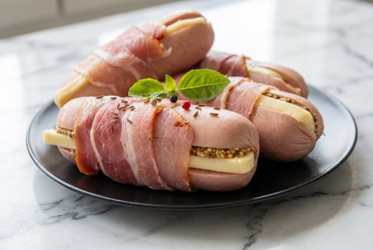Cervelas obernois chaud et doré sur une assiette en céramique minimaliste, posée sur un plan de travail en marbre blanc baigné de lumière naturelle. On aperçoit le fromage fondu, la moutarde à l'ancienne et les graines de carvi sous la poitrine fumée croustillante.
