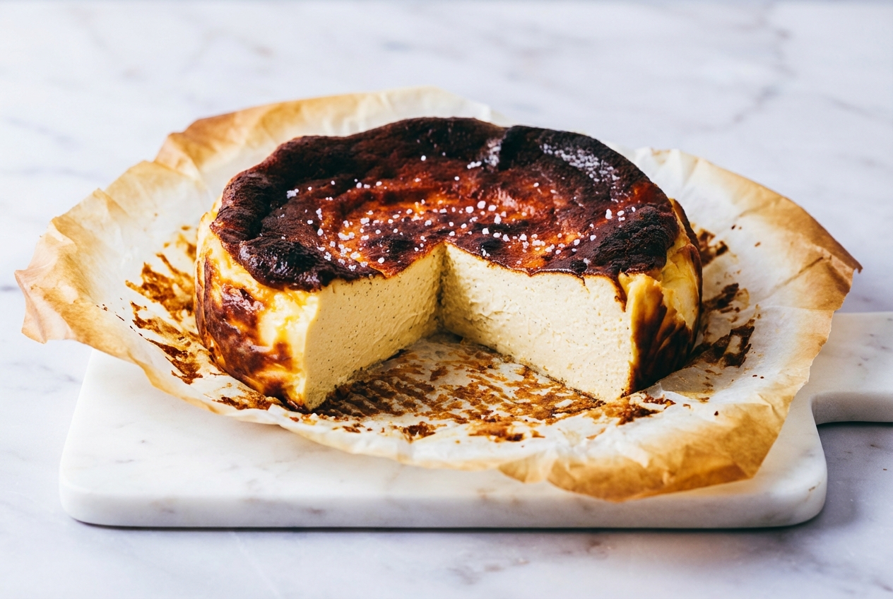 Cheesecake basque brûlé présenté sur une assiette en céramique minimaliste posée sur une surface en marbre blanc, révélant ses grains de véritable gousse de vanille et une surface dorée au beurre noisette sous une lumière naturelle.