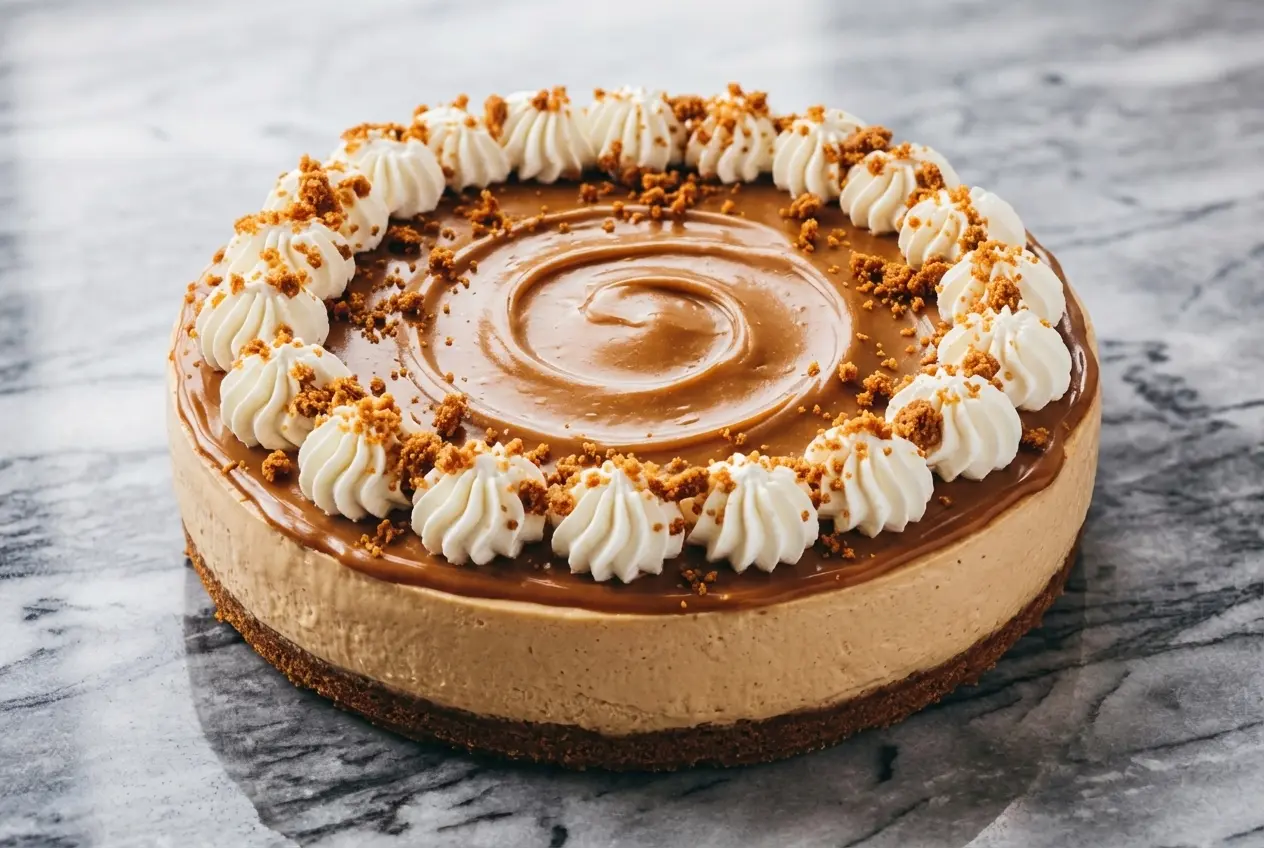 Cheesecake sans cuisson avec sa couche fondante de caramel au beurre salé sur un plan de travail en marbre blanc.