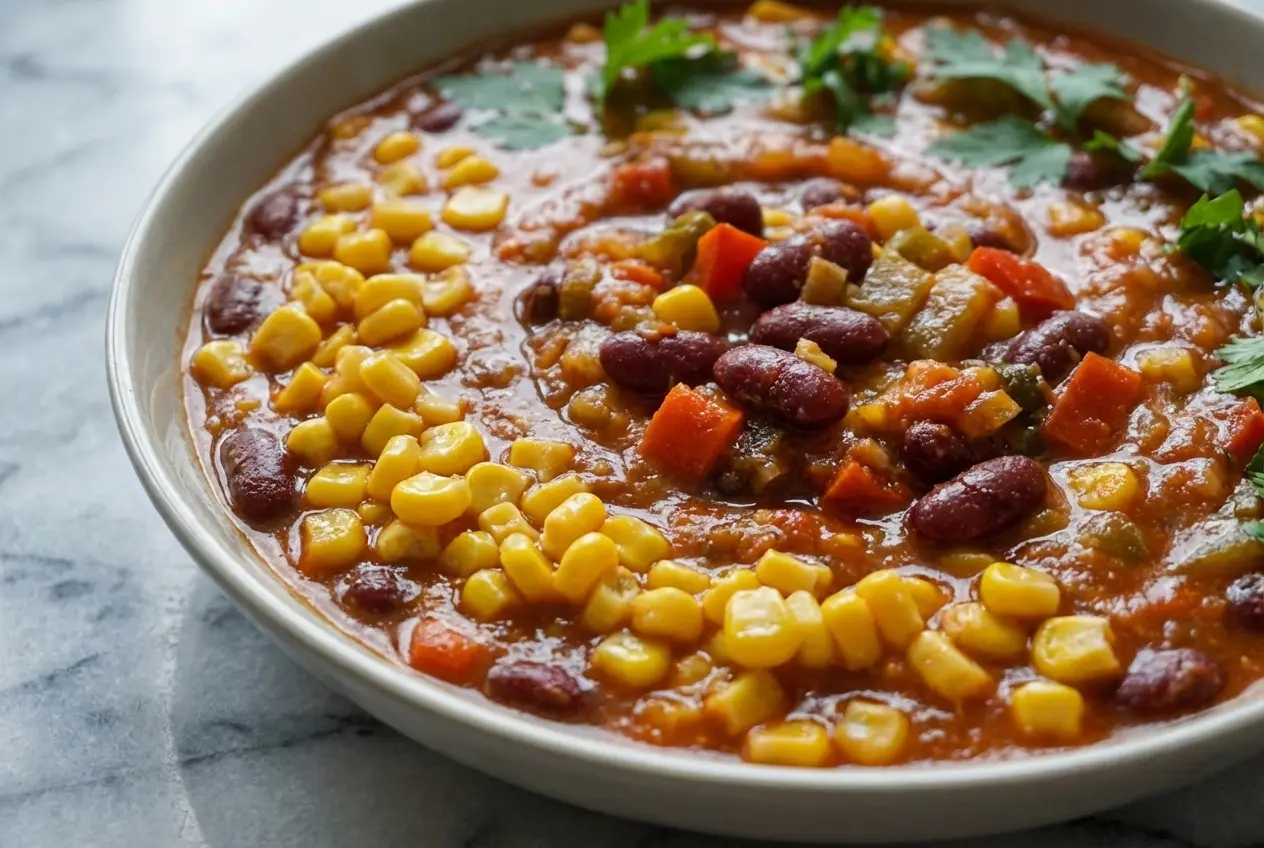 Chili sin carne au maïs mijoté, texture onctueuse au miso et chocolat noir sur marbre blanc.