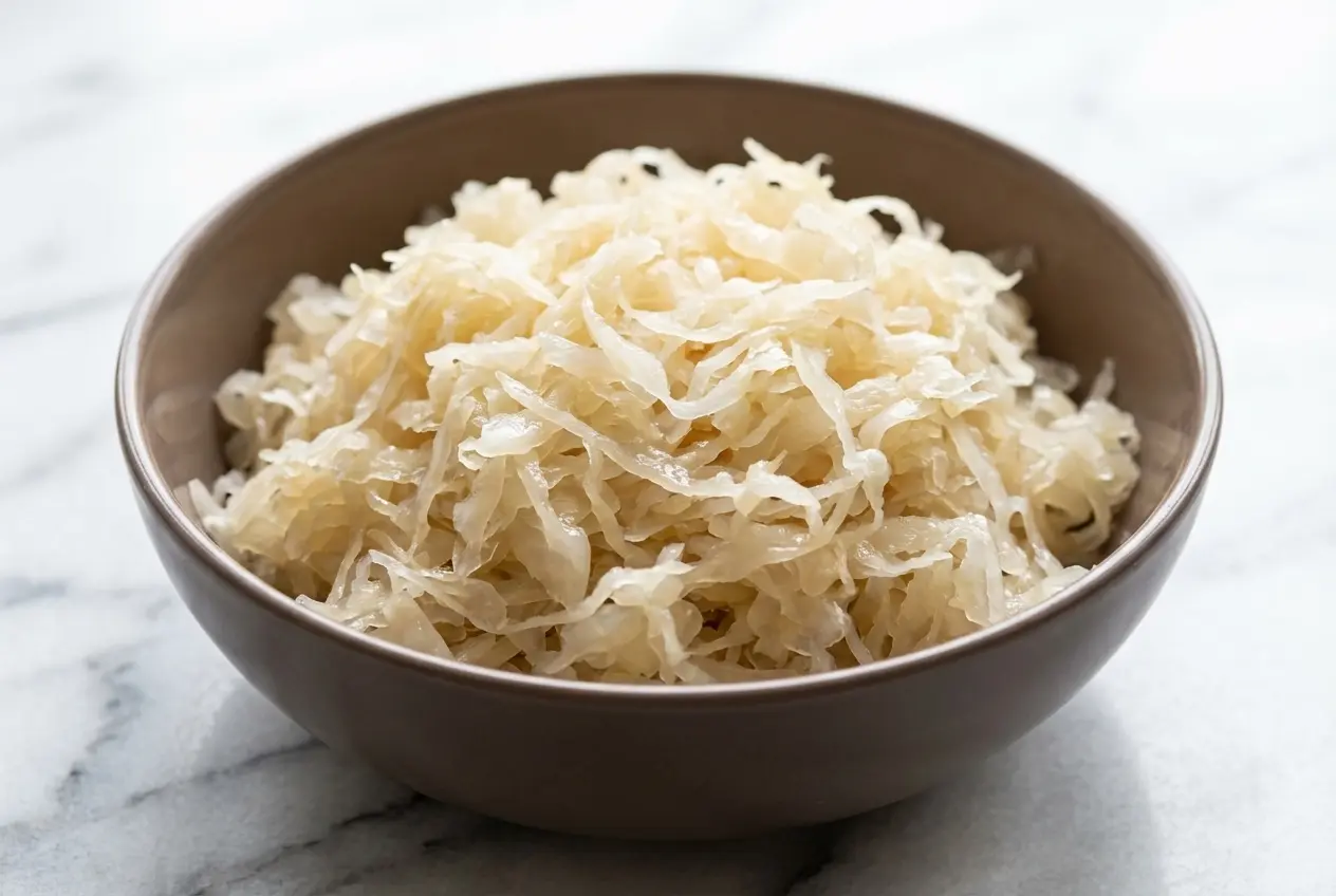Chou fermenté croustillant dans un bocal en verre sur une surface en marbre blanc, lumière naturelle douce, fermentation de 21 jours avec feuille-bouchon sous la saumure.