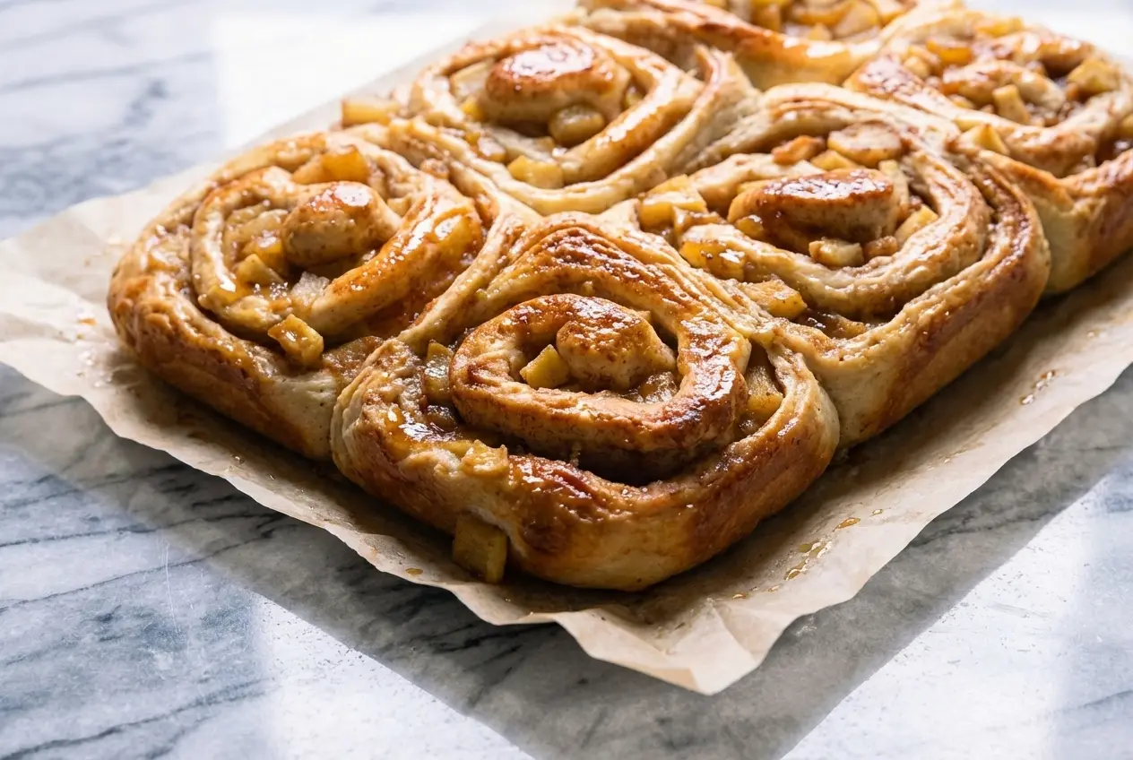 Cinnamon rolls aux pommes dorés, pommes au beurre noisette vanillé sur marbre blanc, vue de dessus.