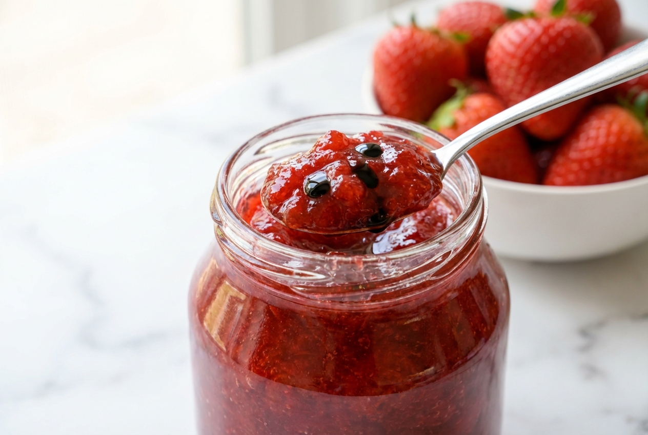 Confiture de fraises maison dans un pot en verre, révélant une brillance profonde grâce à une touche de vinaigre balsamique, photographiée en plongée sur un comptoir en marbre blanc avec un éclairage naturel doux.