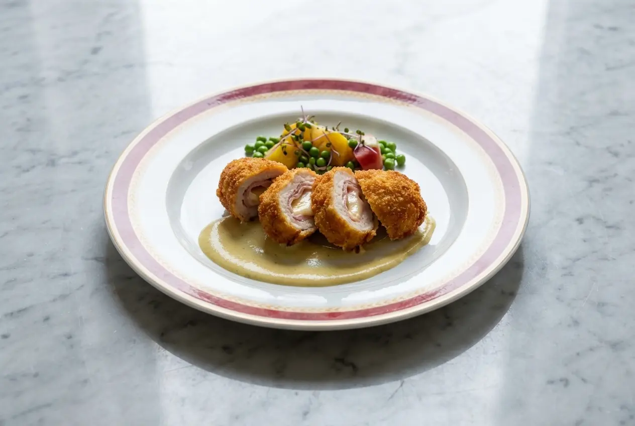 Cordon bleu revisité à la panure de noisettes et Comté AOP, présenté sur un marbre blanc sous une lumière naturelle.
