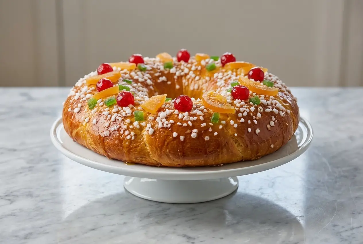 Couronne des rois originale au beurre noisette et tonka, parsemée de sucre perlé sur marbre blanc.